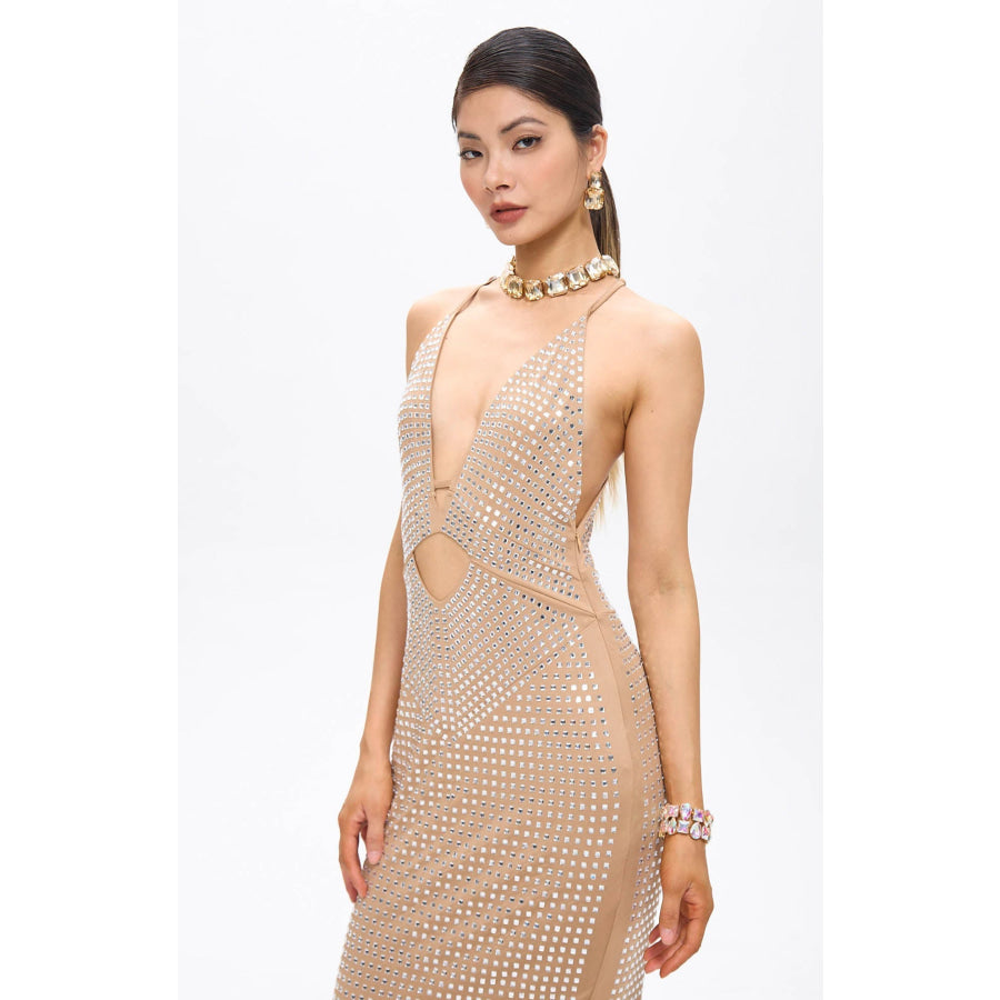 Vena Embellished Cut-Out Crystal Maxi Dress Beige Women’s Fashion - Weddings & Events - Cocktail Dresses