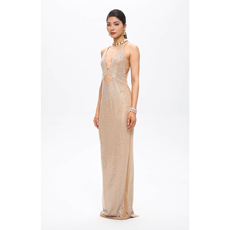 Vena Embellished Cut-Out Crystal Maxi Dress Beige Women’s Fashion - Weddings & Events - Cocktail Dresses
