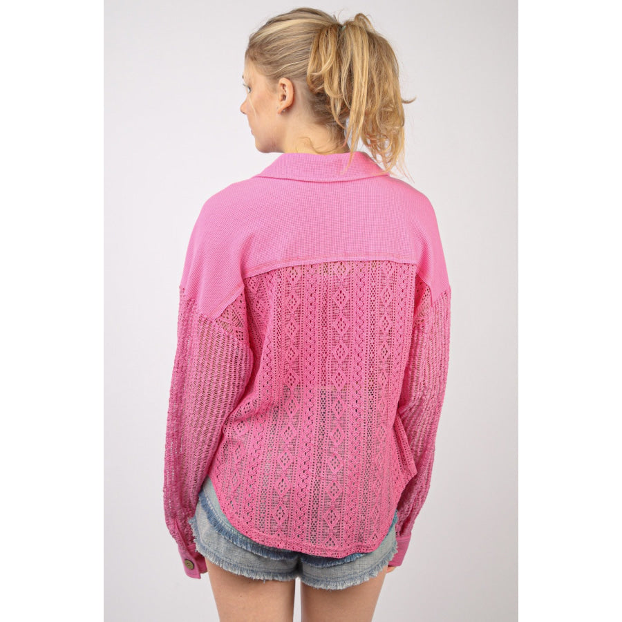 VERY J Button Up Long Sleeve Lace Shirt Pink / S Apparel and Accessories