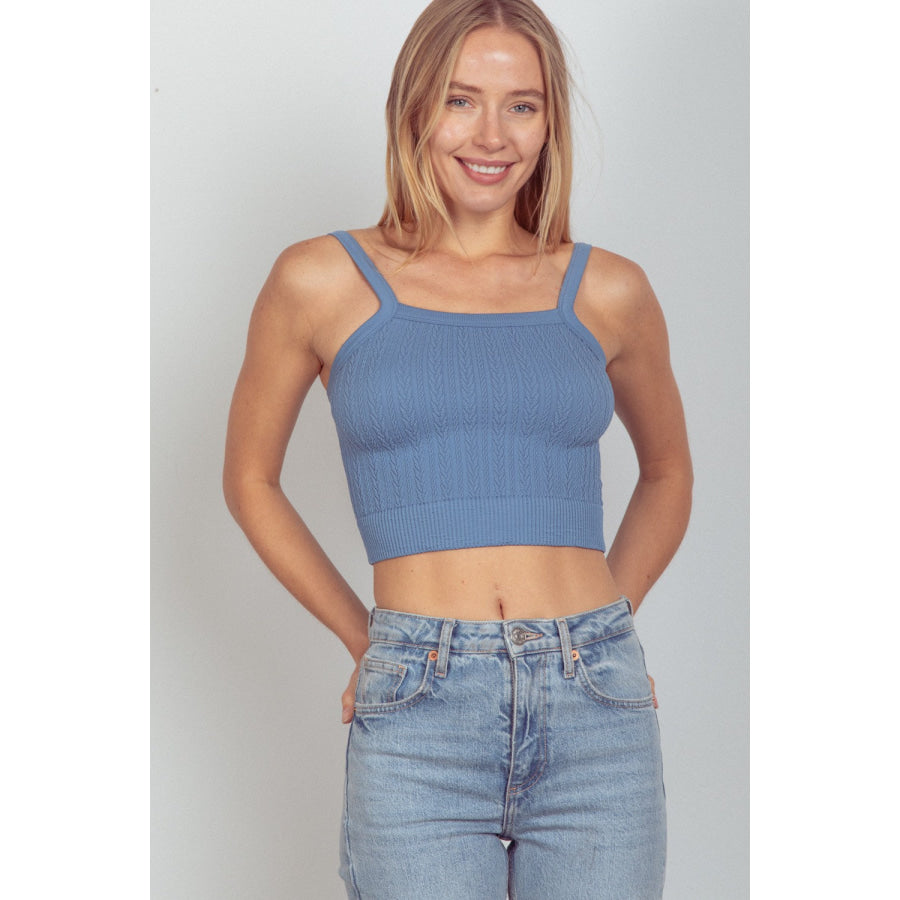 VERY J Cable Knit Seamless Cropped Cami Denim / S Apparel and Accessories