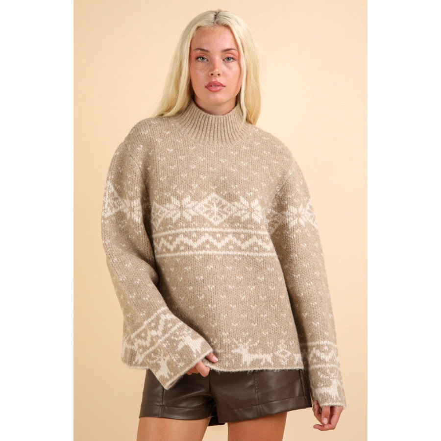 VERY J Christmas Element Mock Neck Long Sleeve Sweater Apparel and Accessories