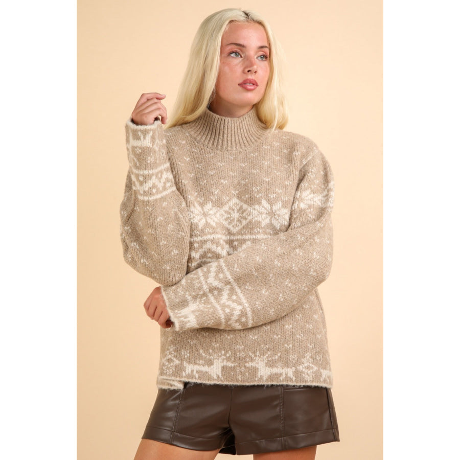 VERY J Christmas Element Mock Neck Long Sleeve Sweater Apparel and Accessories