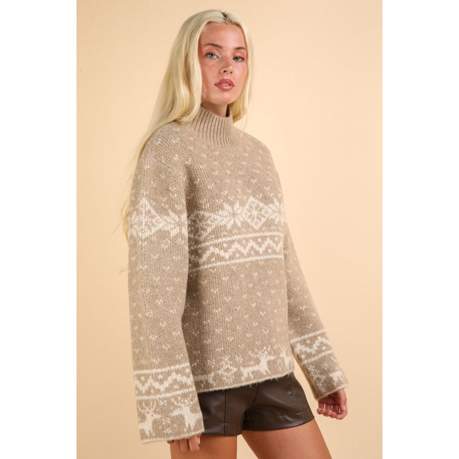 VERY J Christmas Element Mock Neck Long Sleeve Sweater Apparel and Accessories