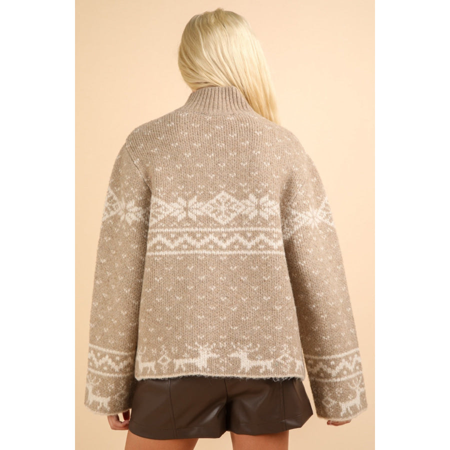 VERY J Christmas Element Mock Neck Long Sleeve Sweater Mocha / S Apparel and Accessories