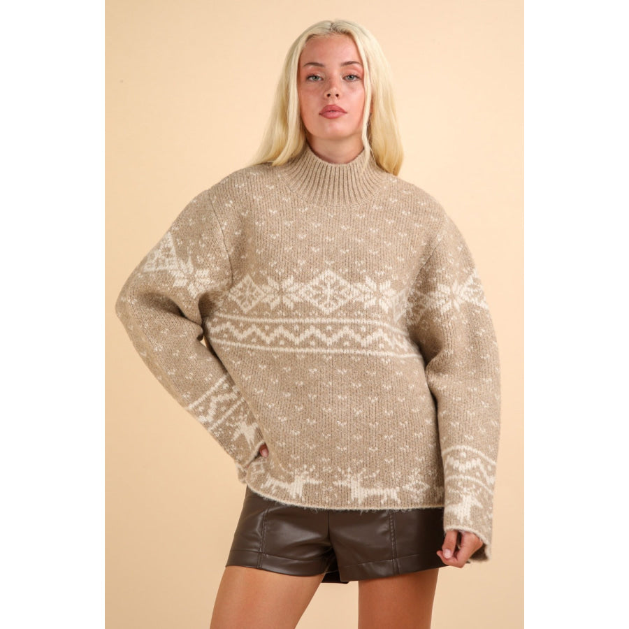 VERY J Christmas Element Mock Neck Long Sleeve Sweater Mocha / S Apparel and Accessories