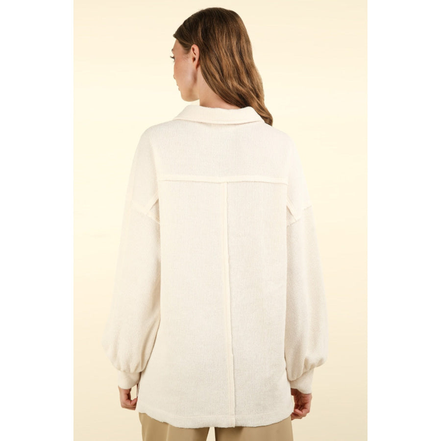 VERY J Collared Half Button Knit Top with Pockets Cream / S Apparel and Accessories