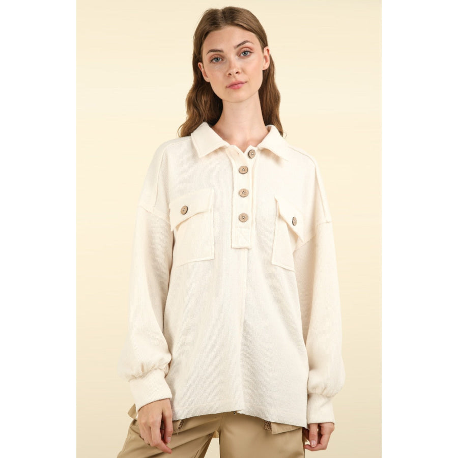 VERY J Collared Half Button Knit Top with Pockets Cream / S Apparel and Accessories