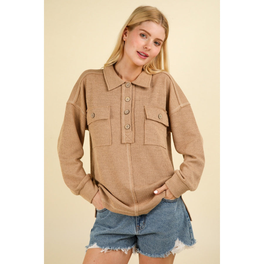 VERY J Collared Half Button Knit Top with Pockets Taupe / S Apparel and Accessories