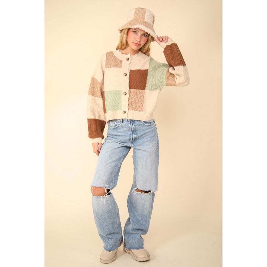 VERY J Color Block Button Down Textured Sweater Cardigan Apparel and Accessories