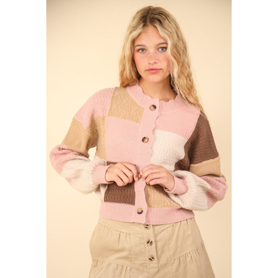 VERY J Color Block Button Down Textured Sweater Cardigan Apparel and Accessories