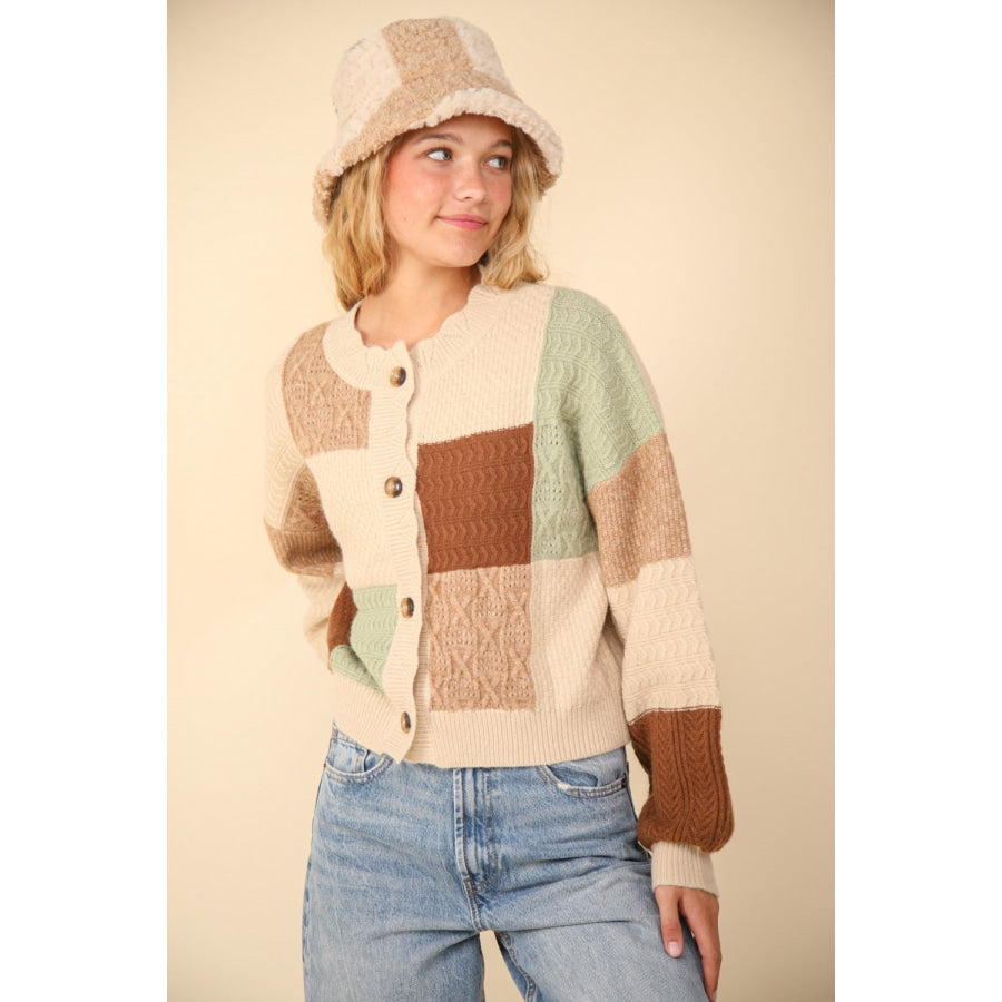 VERY J Color Block Button Down Textured Sweater Cardigan Apparel and Accessories