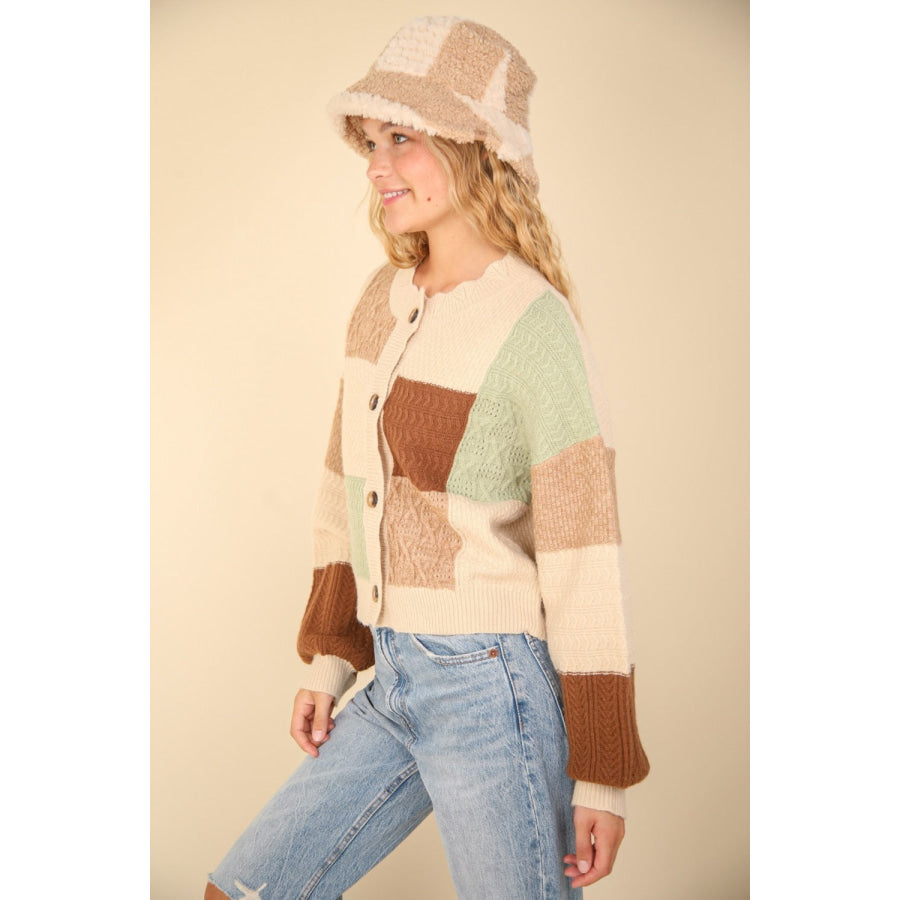 VERY J Color Block Button Down Textured Sweater Cardigan Apparel and Accessories