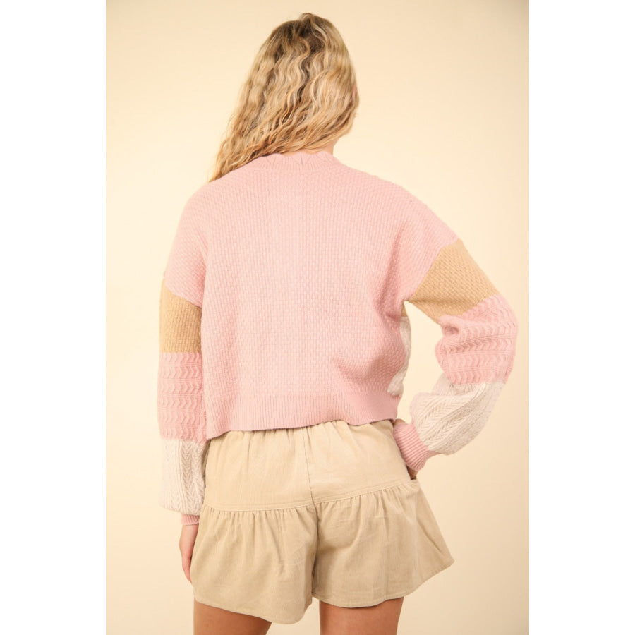VERY J Color Block Button Down Textured Sweater Cardigan Blush / S Apparel and Accessories