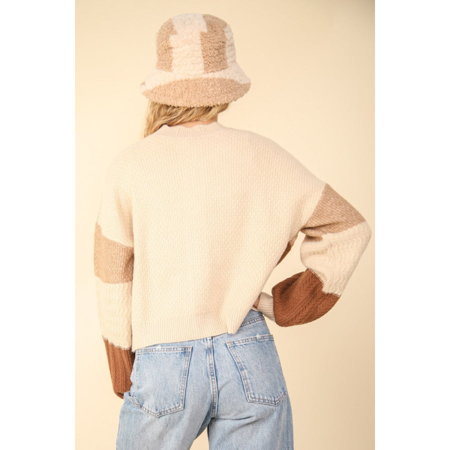 VERY J Color Block Button Down Textured Sweater Cardigan Oatmeal / S Apparel and Accessories