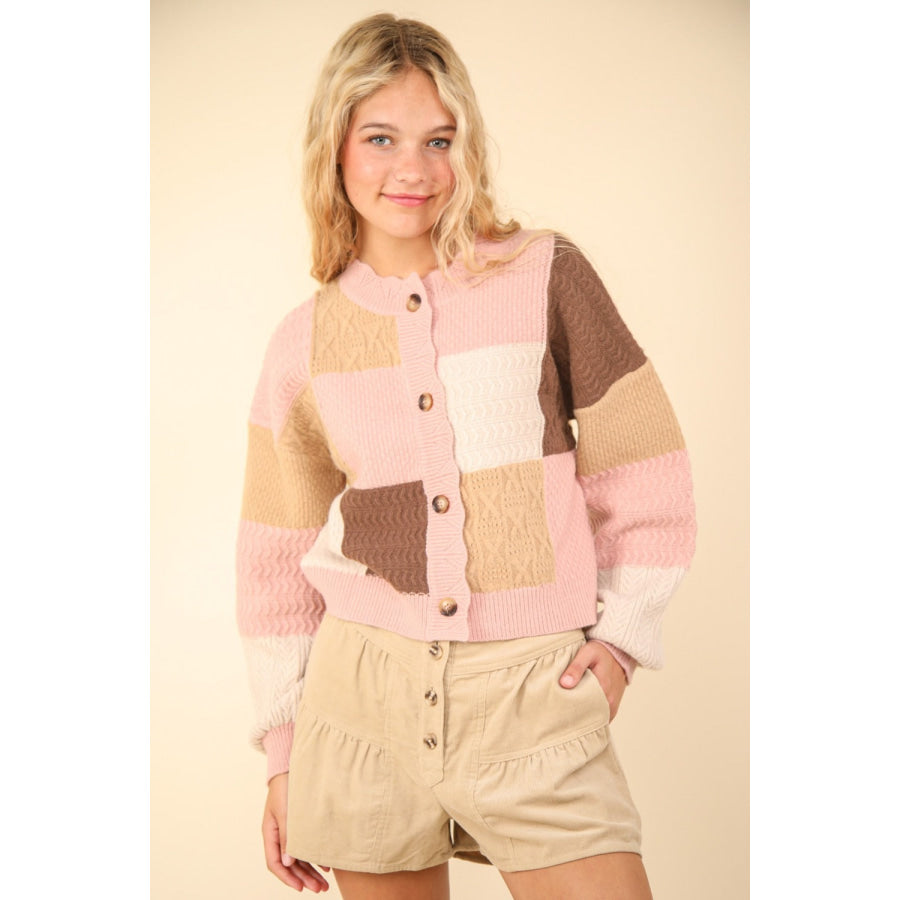 VERY J Color Block Button Down Textured Sweater Cardigan Blush / S Apparel and Accessories