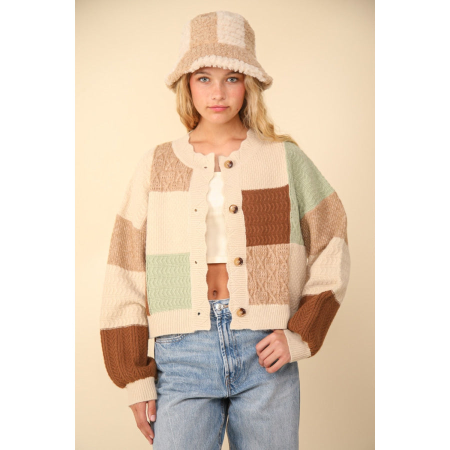 VERY J Color Block Button Down Textured Sweater Cardigan Oatmeal / S Apparel and Accessories