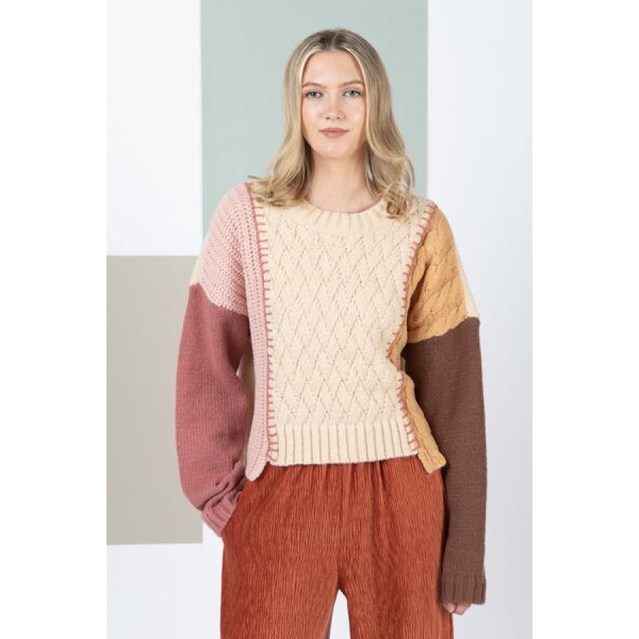 VERY J Color Block Cable Knit Long Sleeve Sweater Apparel and Accessories