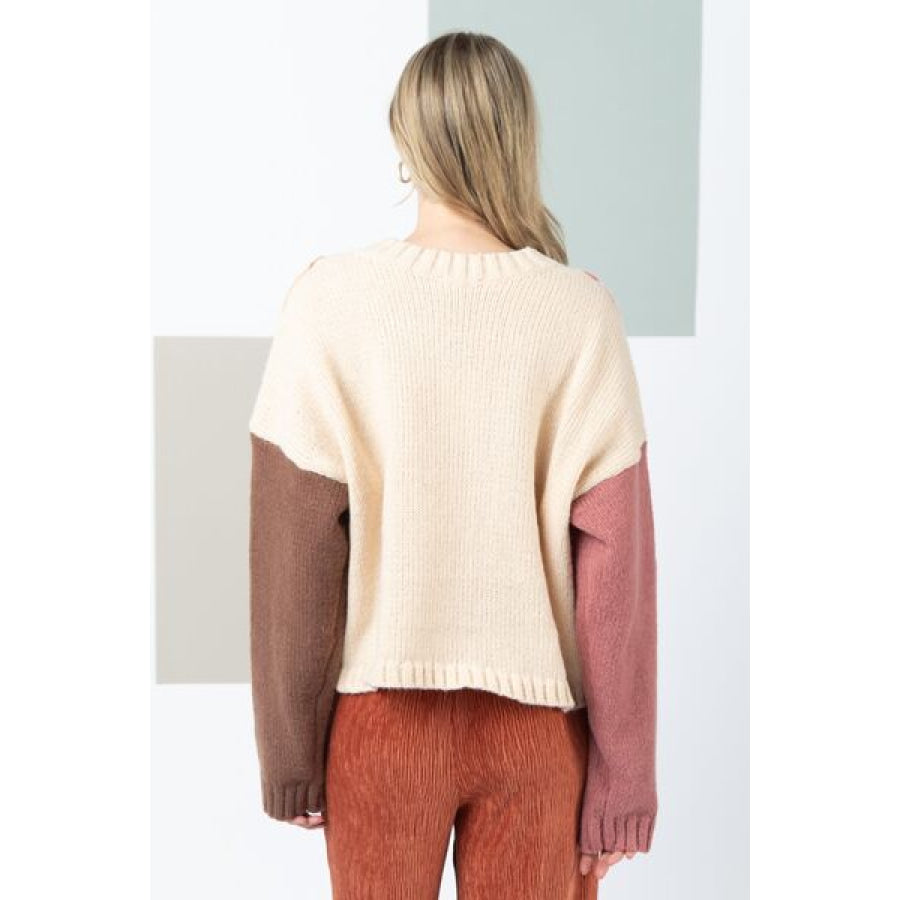 VERY J Color Block Cable Knit Long Sleeve Sweater Apparel and Accessories