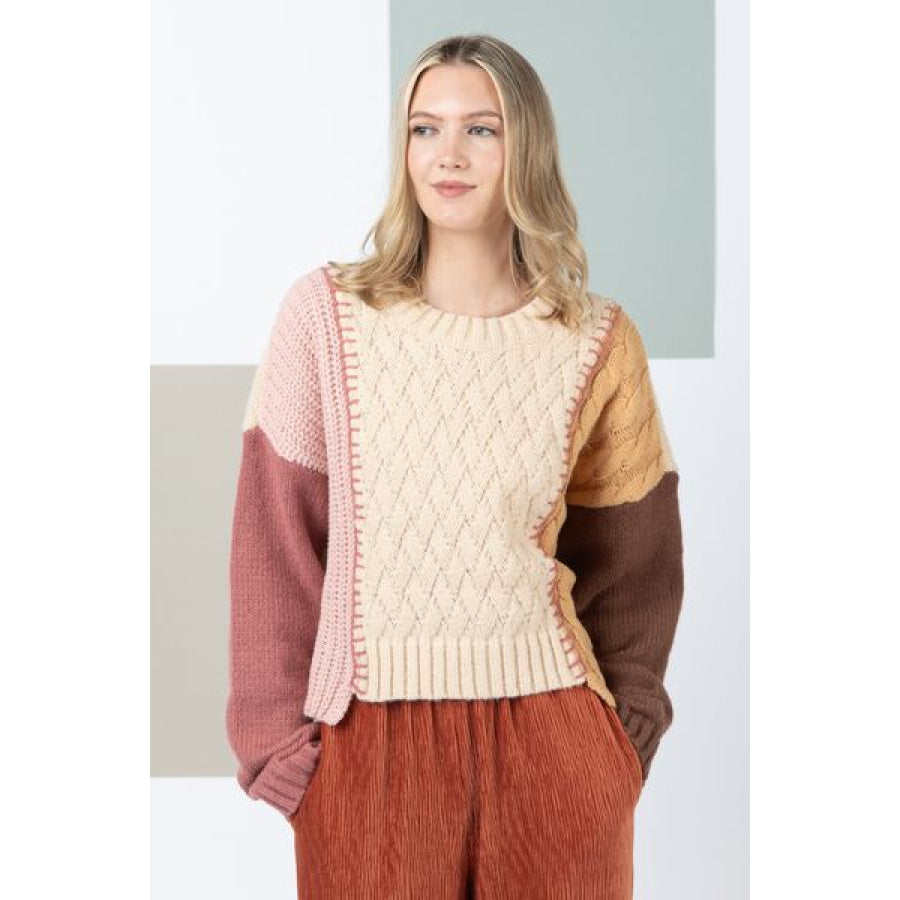 VERY J Color Block Cable Knit Long Sleeve Sweater OATMEAL / S Apparel and Accessories