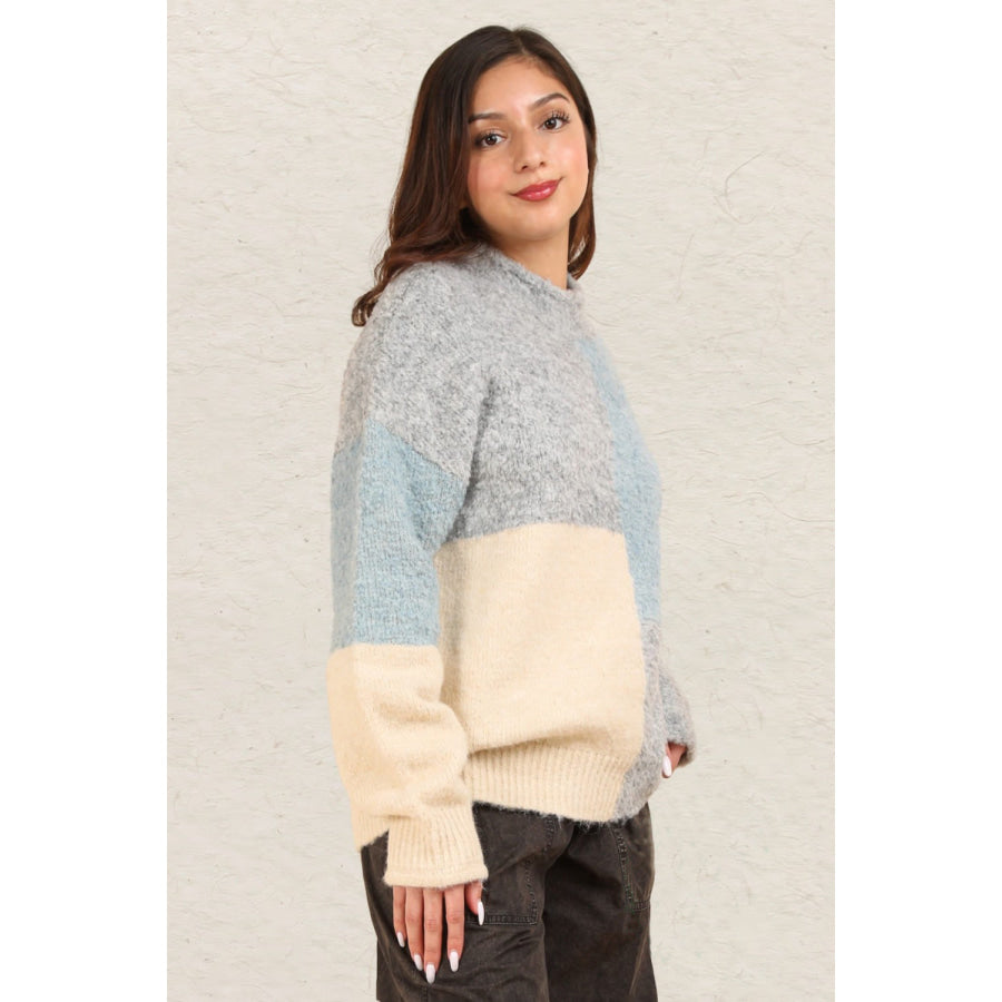 VERY J Color Block Mock Neck Drop Shoulder Sweater Apparel and Accessories