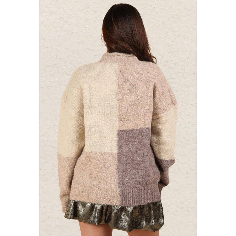 VERY J Color Block Mock Neck Drop Shoulder Sweater Cream / S Apparel and Accessories