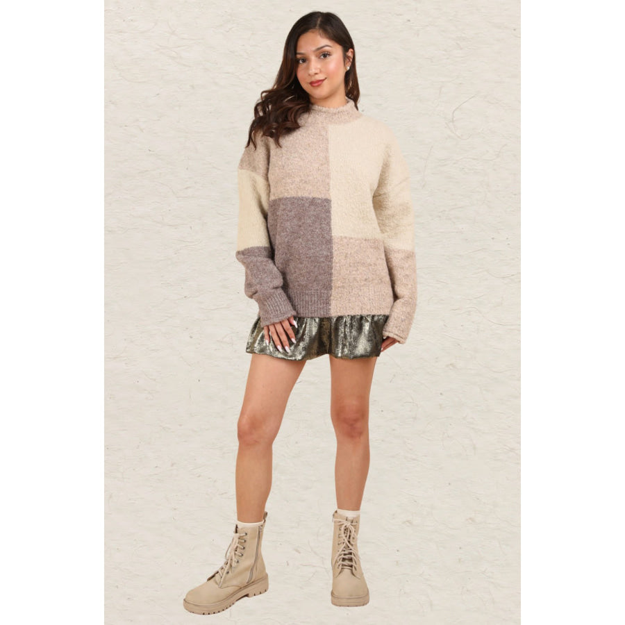 VERY J Color Block Mock Neck Drop Shoulder Sweater Apparel and Accessories