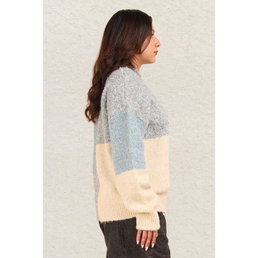 VERY J Color Block Mock Neck Drop Shoulder Sweater Apparel and Accessories