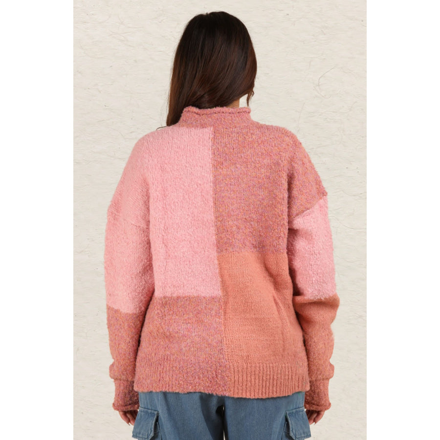 VERY J Color Block Mock Neck Drop Shoulder Sweater Pink / S Apparel and Accessories
