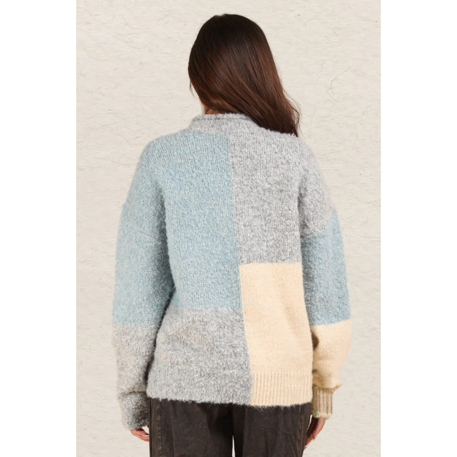 VERY J Color Block Mock Neck Drop Shoulder Sweater Grey / S Apparel and Accessories