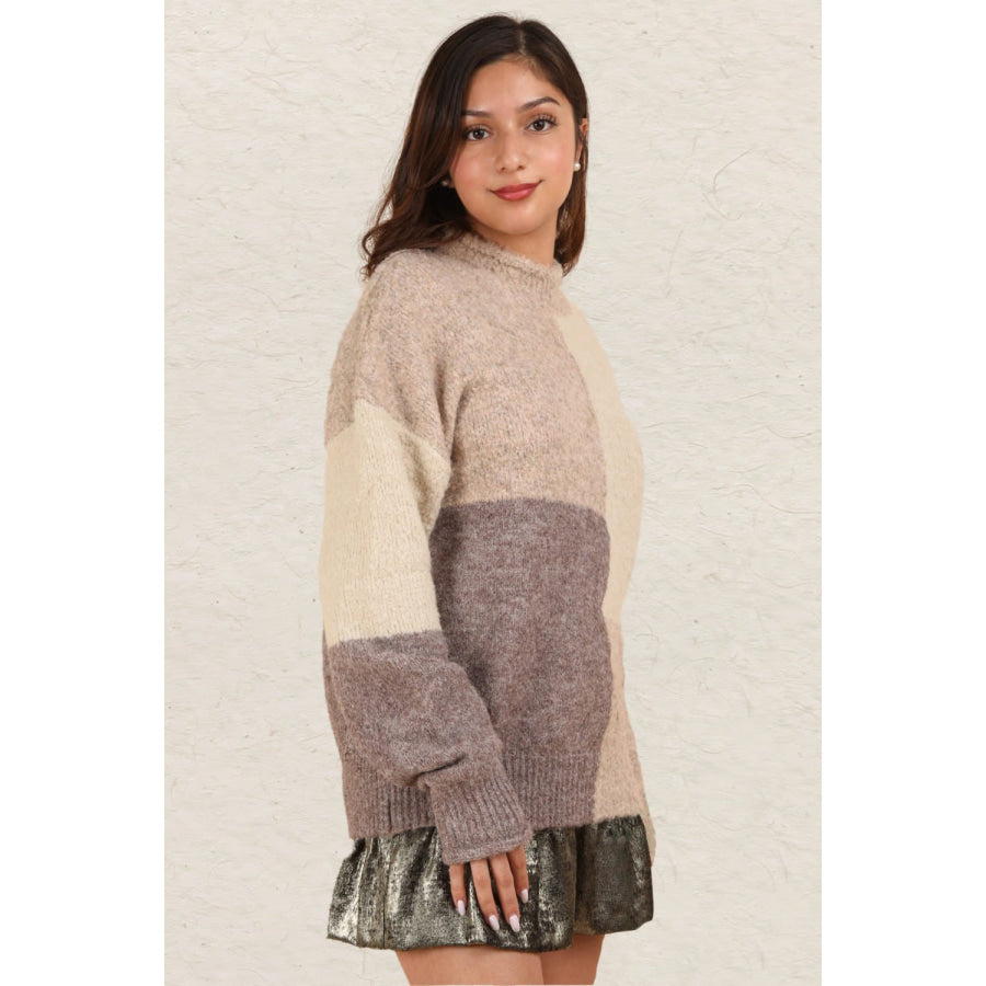 VERY J Color Block Mock Neck Drop Shoulder Sweater Apparel and Accessories