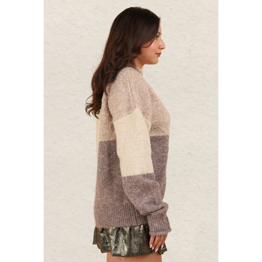VERY J Color Block Mock Neck Drop Shoulder Sweater Apparel and Accessories