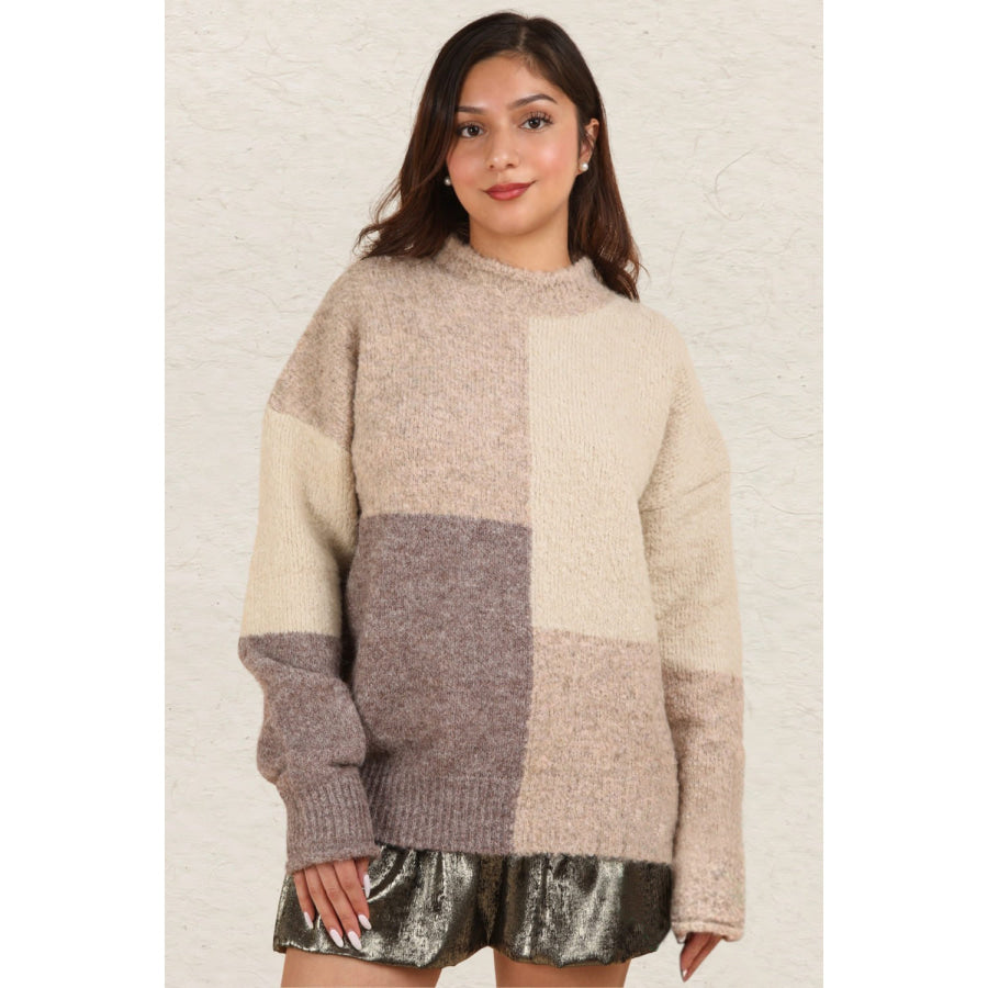 VERY J Color Block Mock Neck Drop Shoulder Sweater Cream / S Apparel and Accessories