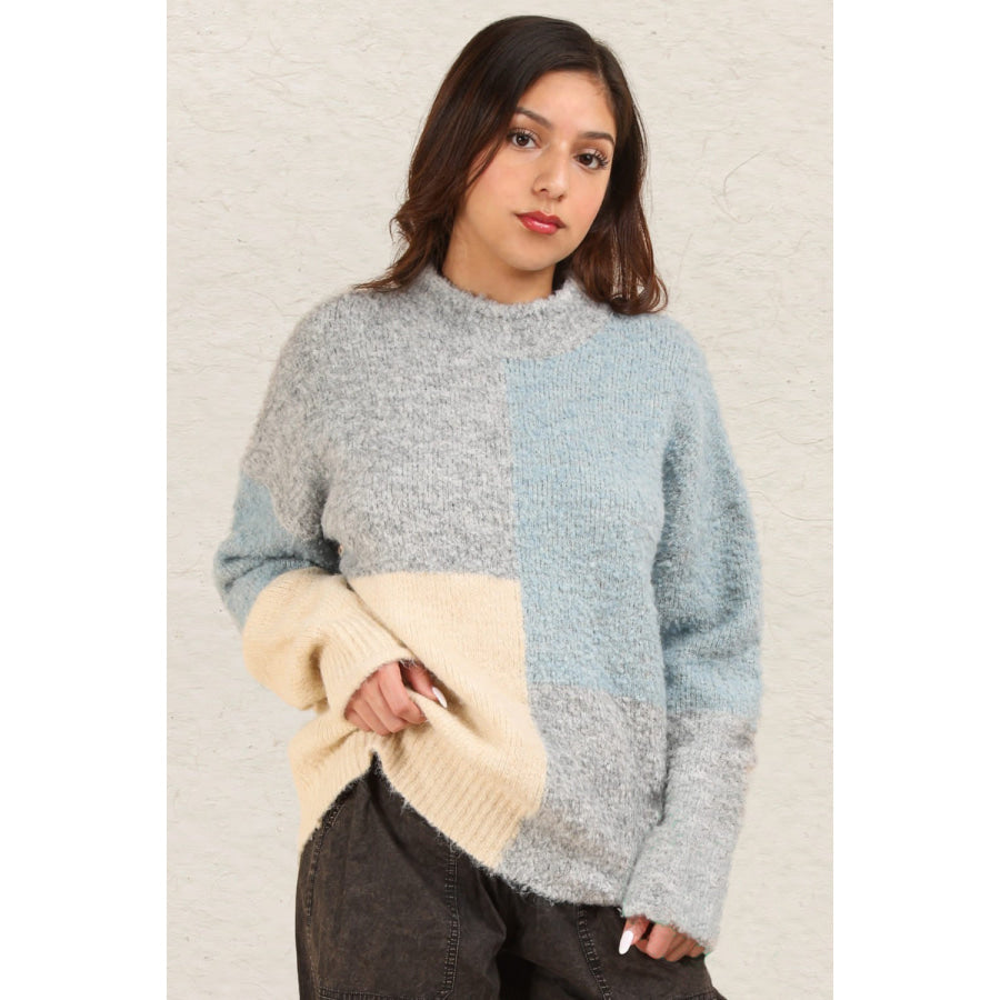 VERY J Color Block Mock Neck Drop Shoulder Sweater Grey / S Apparel and Accessories