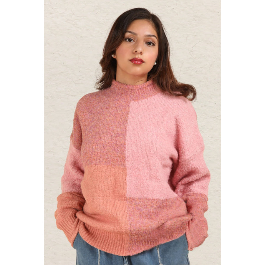 VERY J Color Block Mock Neck Drop Shoulder Sweater Pink / S Apparel and Accessories