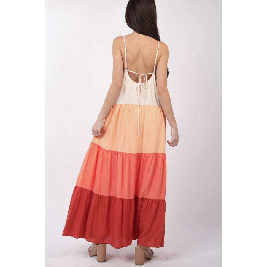 VERY J Color Block Tiered Maxi Cami Dress Sunset Mix / S Apparel and Accessories