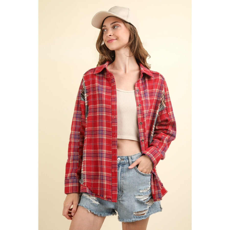 VERY J Contrast Plaid Raw Detail Shirt Apparel and Accessories