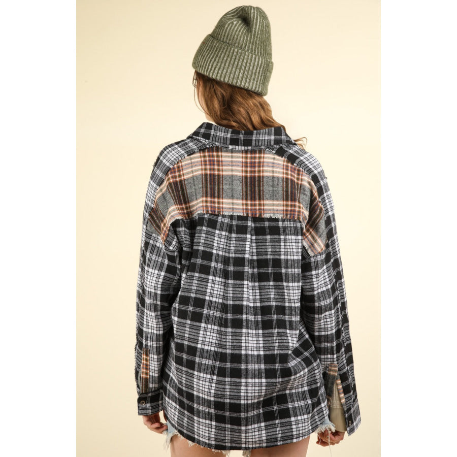 VERY J Contrast Plaid Raw Detail Shirt Apparel and Accessories