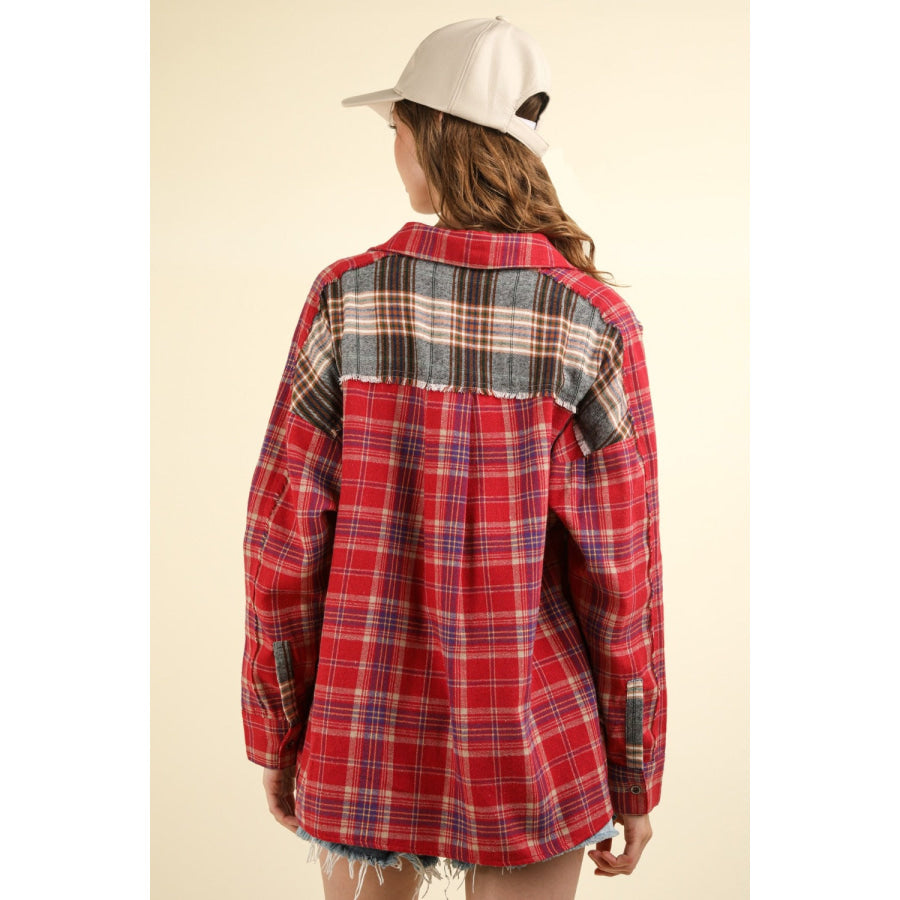 VERY J Contrast Plaid Raw Detail Shirt Red / S Apparel and Accessories