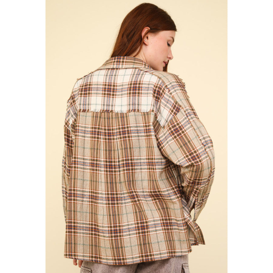 VERY J Contrast Plaid Raw Detail Shirt Taupe / S Apparel and Accessories