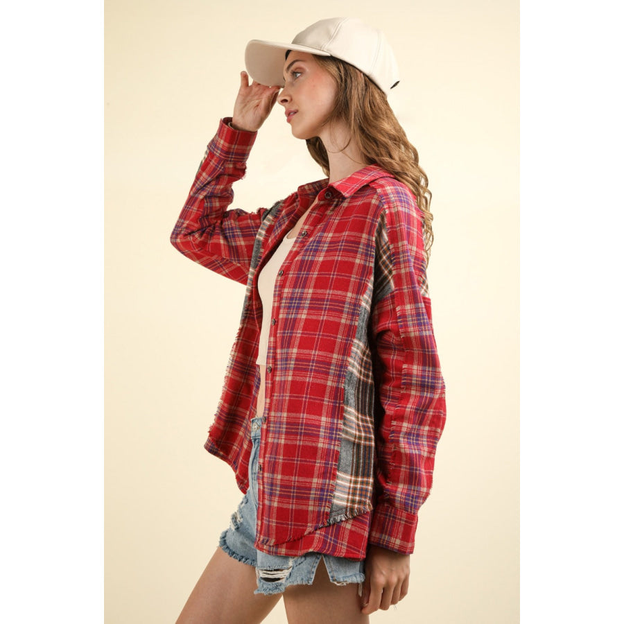 VERY J Contrast Plaid Raw Detail Shirt Apparel and Accessories