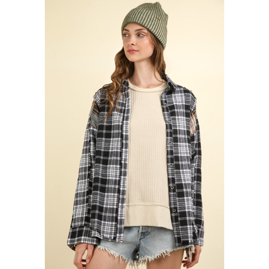 VERY J Contrast Plaid Raw Detail Shirt Apparel and Accessories