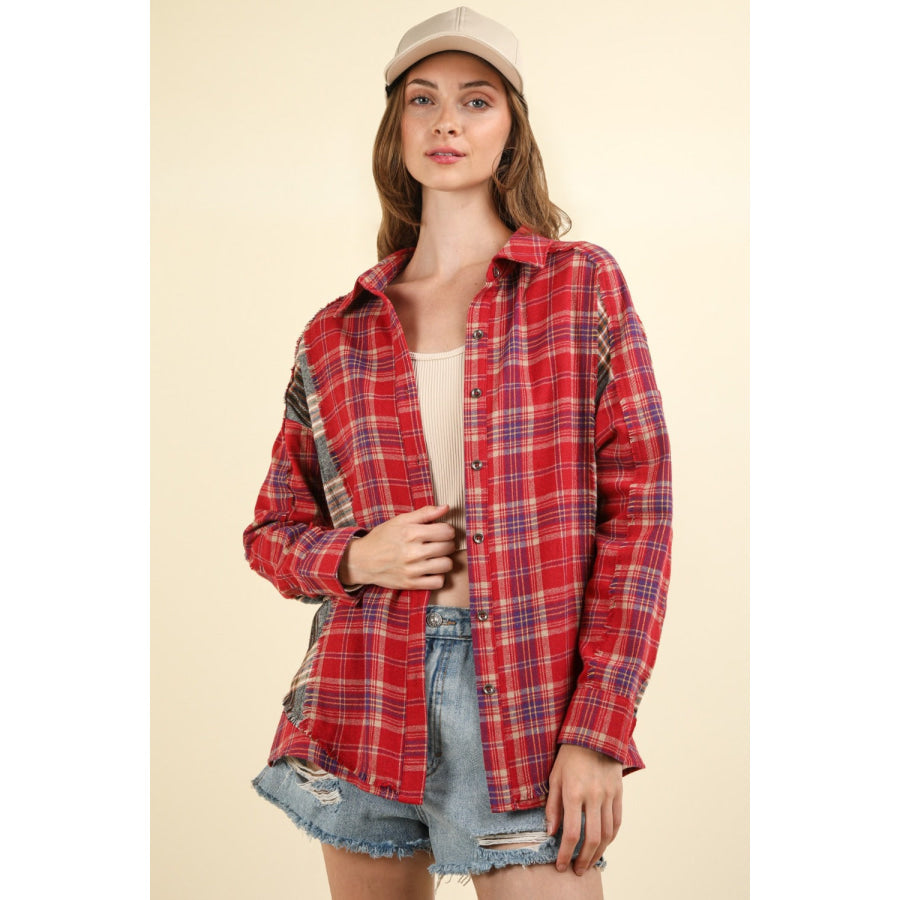 VERY J Contrast Plaid Raw Detail Shirt Red / S Apparel and Accessories