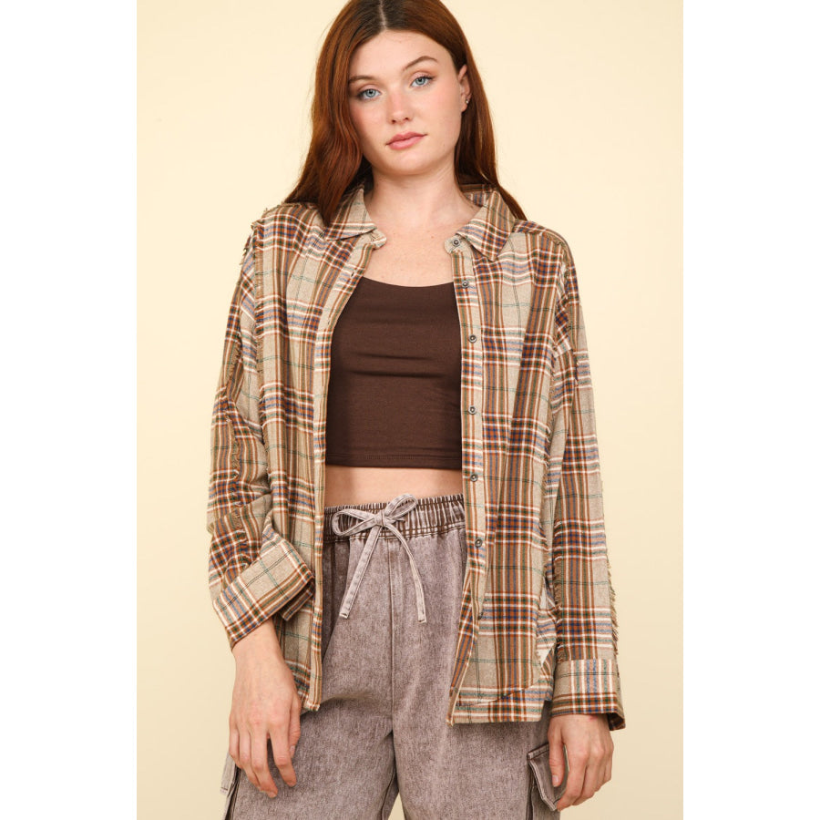 VERY J Contrast Plaid Raw Detail Shirt Taupe / S Apparel and Accessories