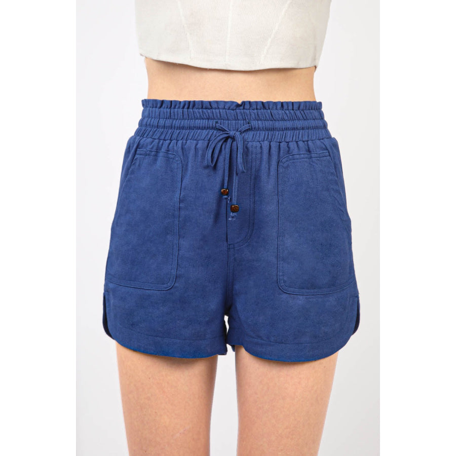 VERY J Drawstring Elastic Waist Linen Shorts Blue / S Apparel and Accessories