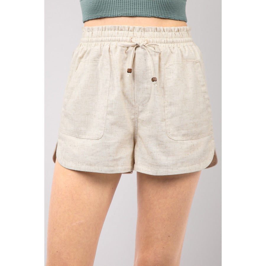 VERY J Drawstring Elastic Waist Linen Shorts Oatmeal / S Apparel and Accessories