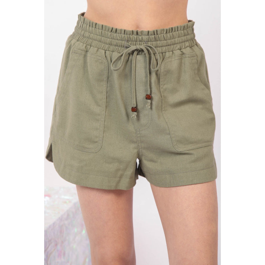 VERY J Drawstring Elastic Waist Linen Shorts Olive / S Apparel and Accessories