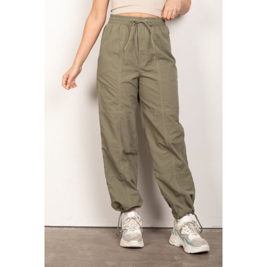 VERY J Drawstring Woven Parachute Joggers OLIVE / S Apparel and Accessories