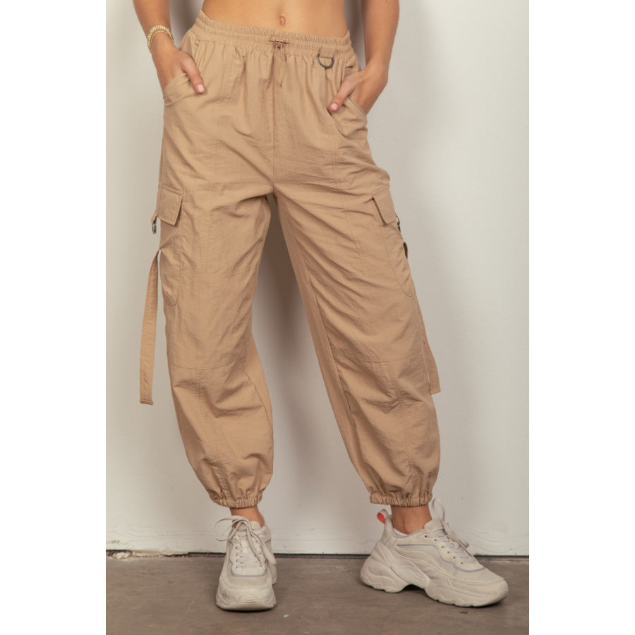 VERY J Elastic Waist Woven Cargo Pants Taupe / S Apparel and Accessories