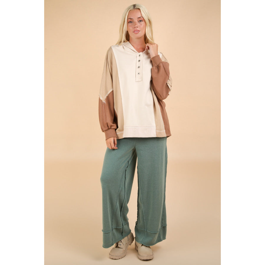 VERY J Exposed Seam Color Block Half Button Hoodie Apparel and Accessories