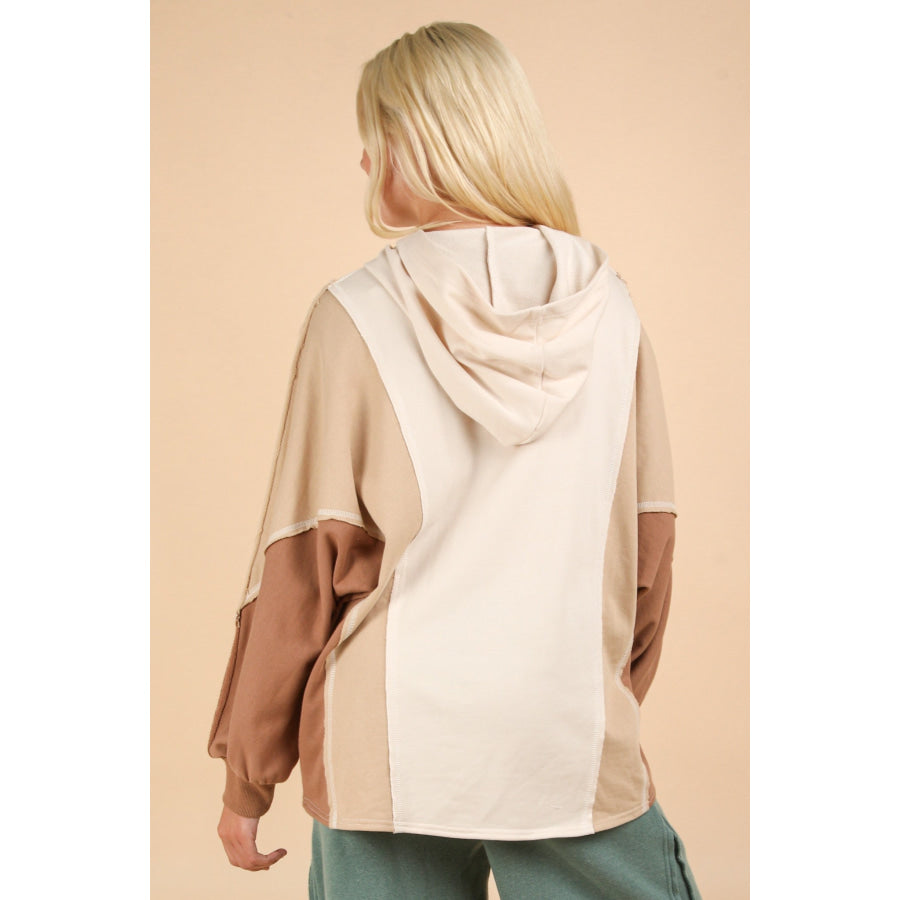 VERY J Exposed Seam Color Block Half Button Hoodie Coconut Milk / S Apparel and Accessories